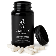 Cargar imagen en el visor de la galería, Botella negra de suplemento Capilex con 30 cápsulas vegetales para nutrición capilar activa, vitaminas, minerales y aminoácidos.
