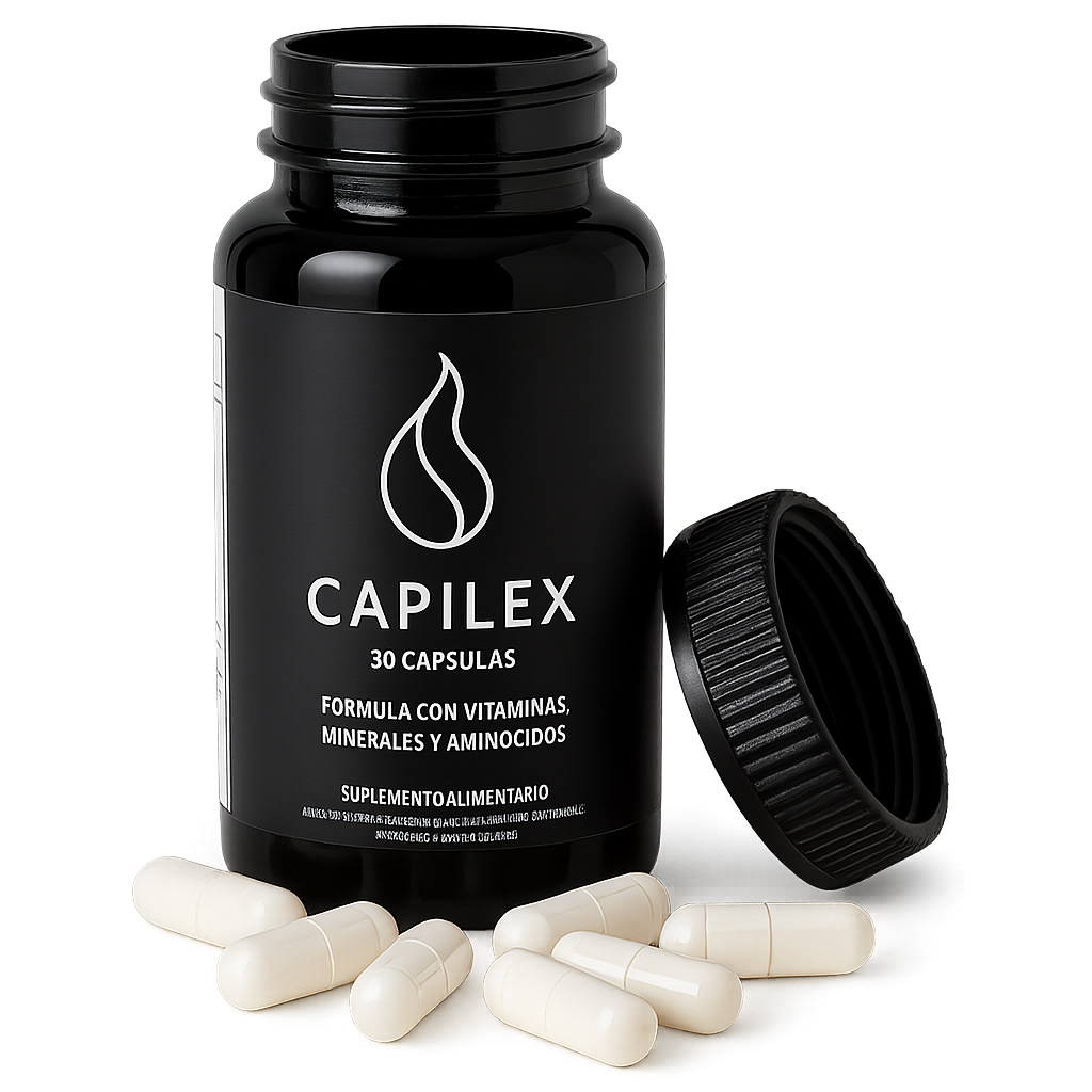 Botella negra de suplemento Capilex con 30 cápsulas vegetales para nutrición capilar activa, vitaminas, minerales y aminoácidos.